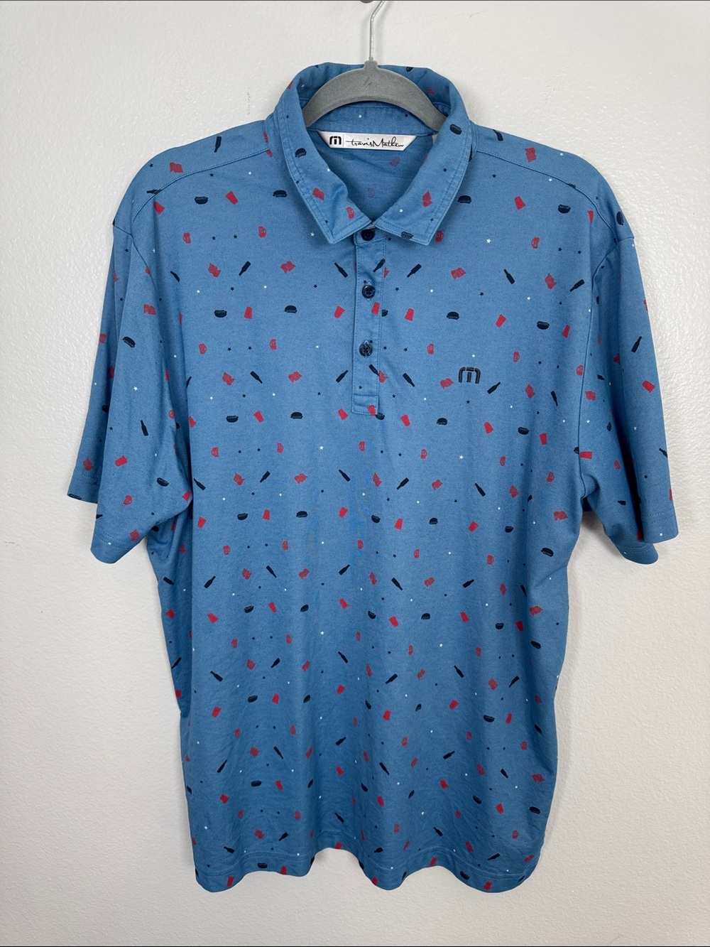 Travis Mathew Men’s Blue Americana BBQ Summer Printed Polo Shirt Size Large